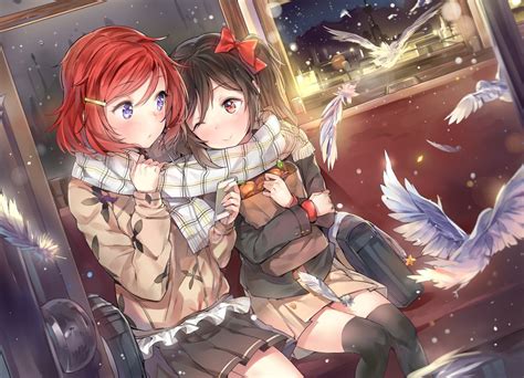Birds Anime Anime Girls Snow Snow Flakes Feathers