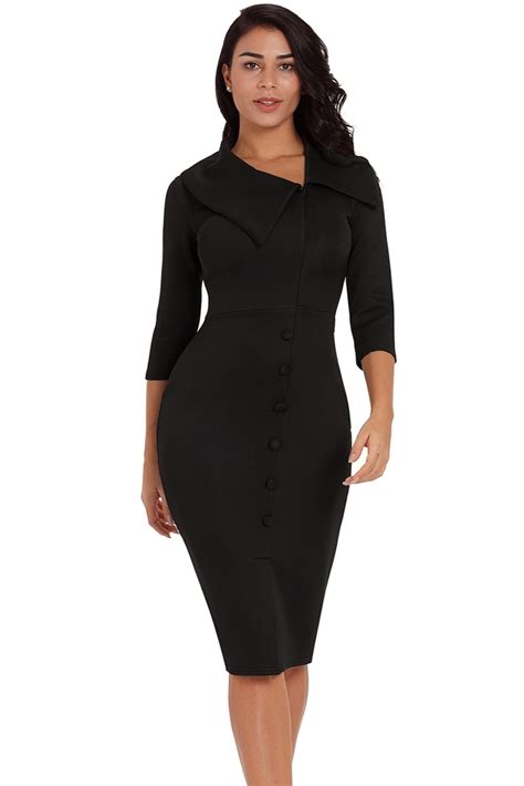 womens work dress 2018 autumn office black 3 4 sleeve button detail slit bodycon midi dress