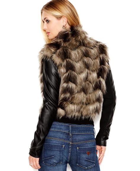 Guess Faux Leather Zip Sleeve Faux Fur Jacket Lyst