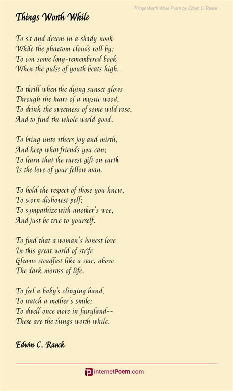 Things Worth While Poem By Edwin C Ranck