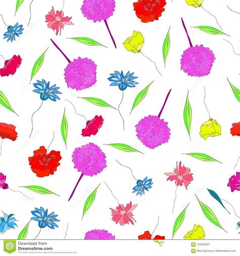 Beautiful Hand Drawn Watercolored Wild Garden Flowers Seamless Pattern