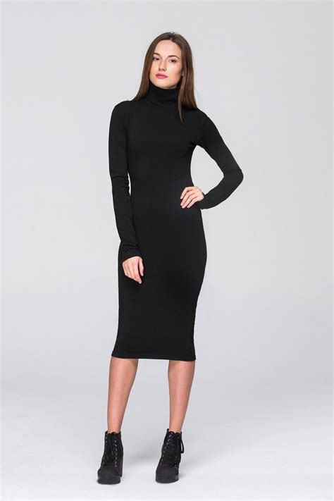 Long Sleeves Classic Dress In 2021 Turtle Neck Dress Outfit Black