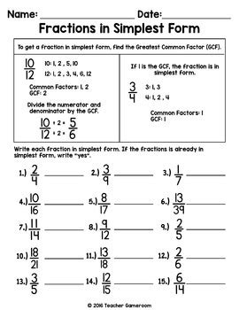 What are fractions in the simplest form? Fractions in Simplest Form (GCF) Worksheet by Teacher ...