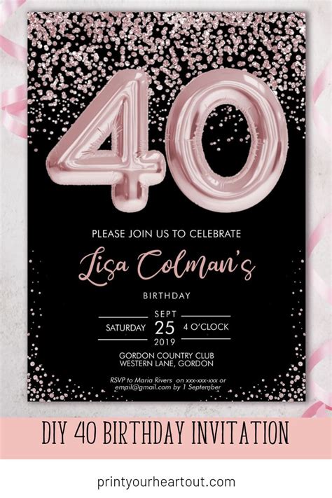 Diy 40th Birthday Pink Foil Balloon Confetti Invitation Printable