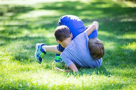 Two Boys Fighting Outdoors Siblings Or Friends Wrestling On Grass In