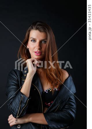 Long Haired Brunette In Lingerie Leather Jacket Pixta