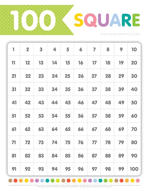 100 Square Chart Free Download Little Graphics