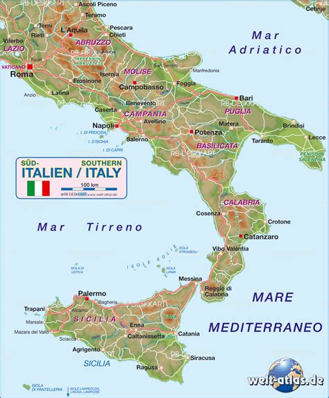 Laminiertes finish zum malen und löschen. Karte von Süditalien (Region in Italien) | Welt-Atlas.de