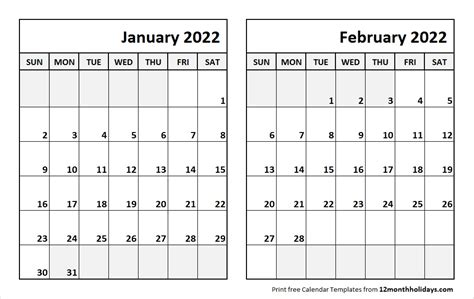 Print January February 2022 Calendar Template 2 Month Calendar