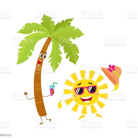 Funny Palm Tree And Sun Characters Travelling Summer Vacation Symbol