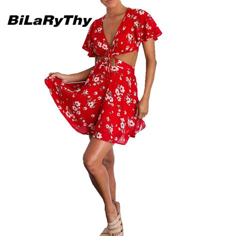 Bilarythy Summer Flower Womens Deep V Neck Short Butterfly Sleeve Floral Printed Mini Dress