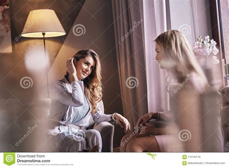 Spending Quality Time Together Attractive Young Women Talking Stock