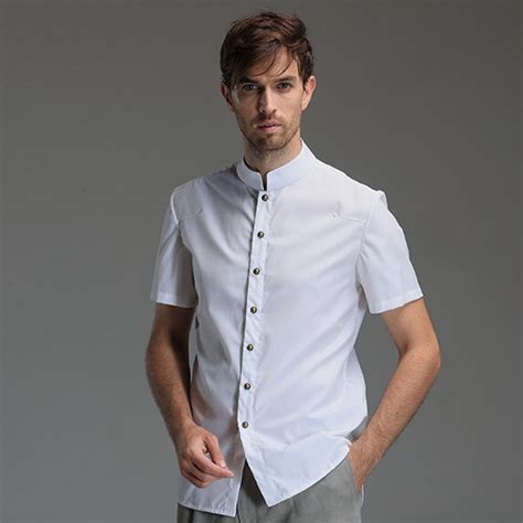 Mandarin Collar Short Sleeve Cotton Shirt White Collar Shirt Men