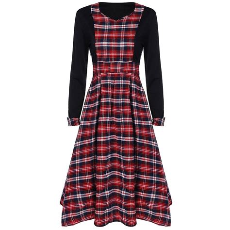 plaid design long sleeve dress red with black 3w11900416 women s clothing dresses other