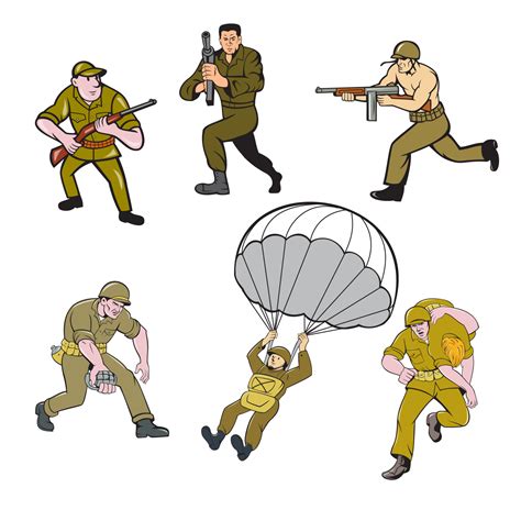 Conjunto De Desenhos Animados De Soldado Da Segunda Guerra Mundial