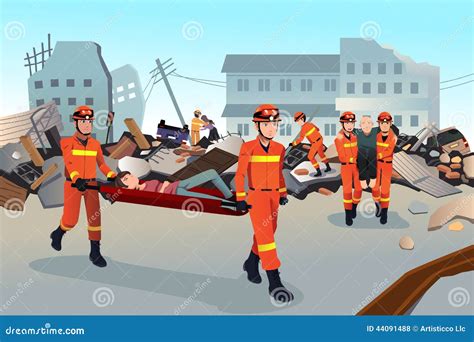 Rescue Teams Searching Through The Destroyed Buildings Stock Vector