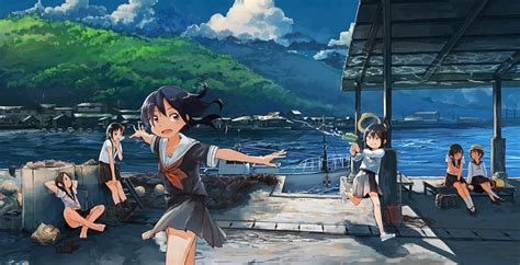 Fun At The Docks Anime Friends Boat Anime Water Gun Smile Sea