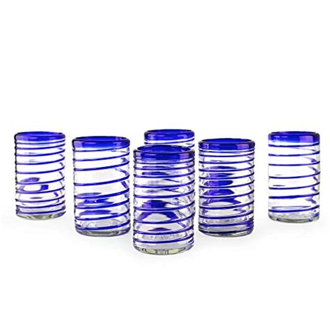 Novica Artisan Crafted Hand Blown Cobalt Blue Recycled Glass Spiral Glasses 14 Oz Spirals Of