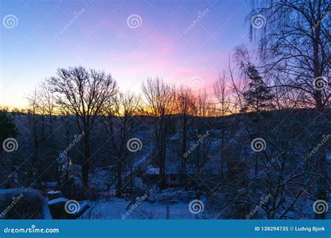 Sunrise Over Beautiful Winter Landscape Stock Image Image Of Pink