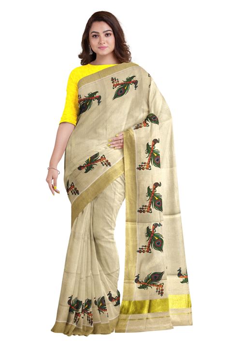 Kerala Tissue Kasavu Onam Saree With Mural Peacock Feather And Flute D
