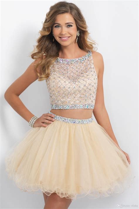 Elegant Two Pieces Homecoming Dresses 2016 Short Prom Dresses Champagne
