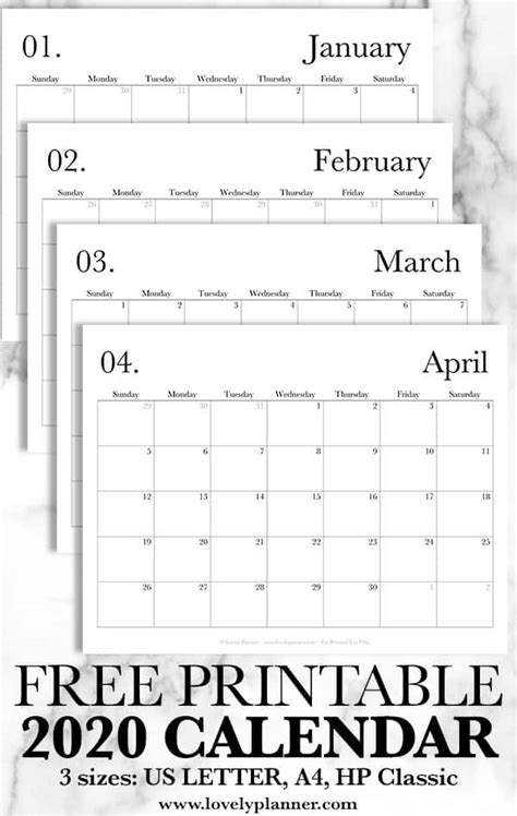 Printable Blank Calendar Template 2020