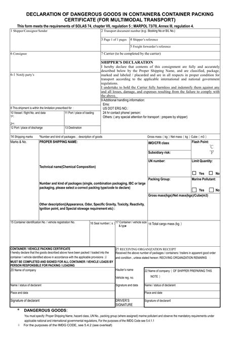 Imo Dangerous Goods Declaration Pdf Printable