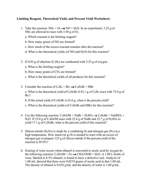 Limiting Reactant Problems Step By Step Worksheets Answers