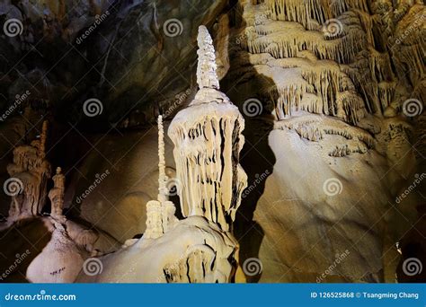 Colorful Scenery Of The Lighting Underground Karst Cave Stock Photo