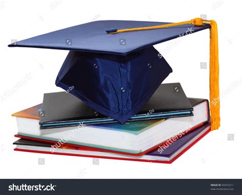 Graduation Cap Over Black Leather Diploma Cover And Books Stock Photo