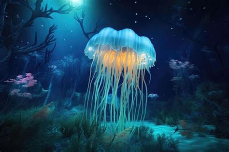 Premium Ai Image Glowing Jellyfish Floating Near A Coral Reef At