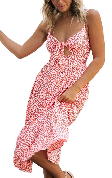 poptem women s sexy midi dresses tie front v neck spaghetti strap button down a line backless