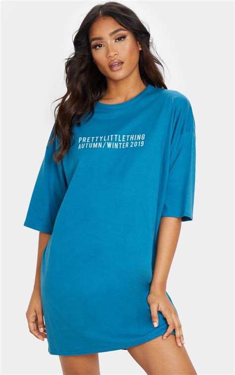 Pltpetrol Blue Aw19 Oversized T Shirt Dress Prettylittlething Usa