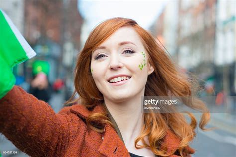 Red Haired Irish Girl At St Patricks Day Parade High Res Stock Photo