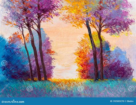 Oil Painting Colorful Autumn Trees Artistic Background Stock Photo