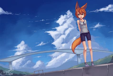 Wallpaper Anime Girls Animal Ears Sky Clouds Foxgirl Short Hair