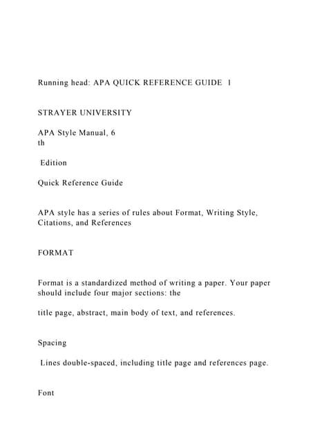 Running Head Apa Quick Reference Guide 1 Strayer Univedocx