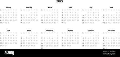 Monthly Calendar Of Year 2029 Week Starts On Sunday Block Of Months