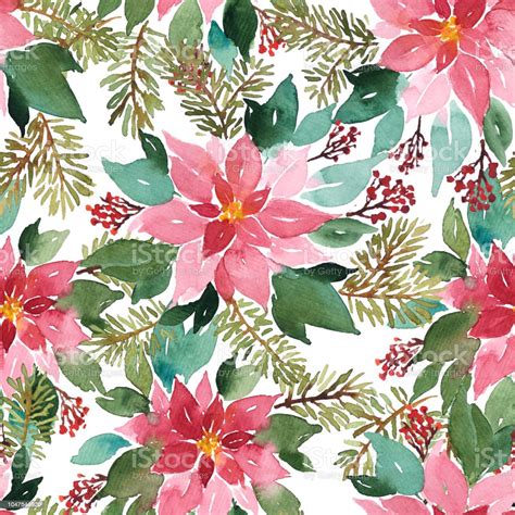 Seamless Watercolor Christmas Pattern With Poinsettia Spruce And Red