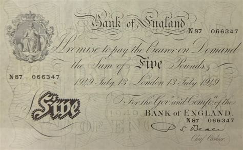 A 1949 White Five Pound Note By Beale No N87 066347 Dated 13th July 1949