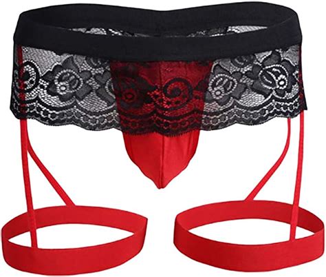 Ibakom Mens Lace Frilly Trim Skirted Sissy Thong Panties With Suspender Garters Band