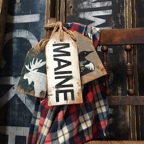 Maine Moose Loon Wood Tags Rustic Decor Distressed Cabin Decor Etsy