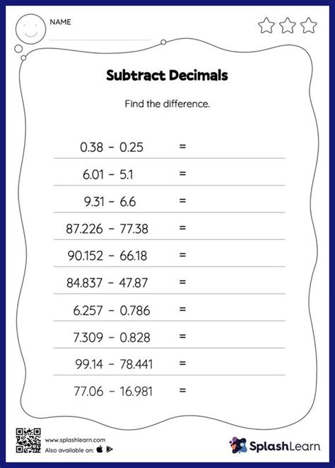 Subtract Decimals Horizontal Subtraction Math Worksheets Splashlearn