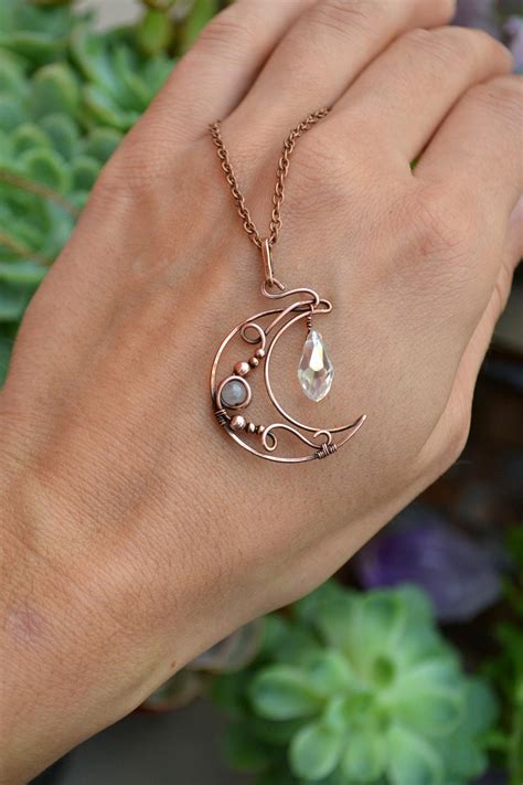 Copper Crystal Moon Necklace FREE SHIPPING Unique Gemstone Pendant
