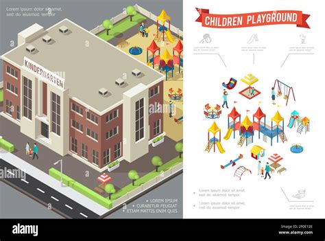 Isometric Children Playground Concept With Kindergarten Building Slides