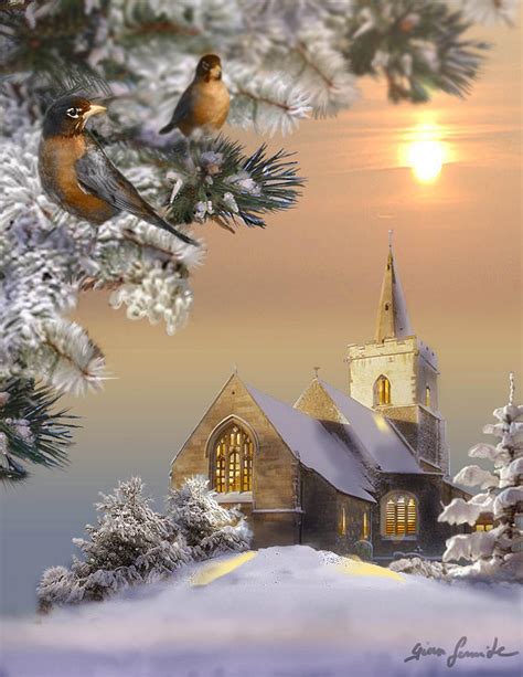 Winter Scene With Robins And Church By Gina Femrite