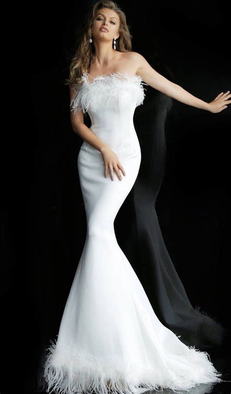 Jovani 63891 Strapless Feather Fringed Mermaid Gown In White Wedding Dress With Feathers