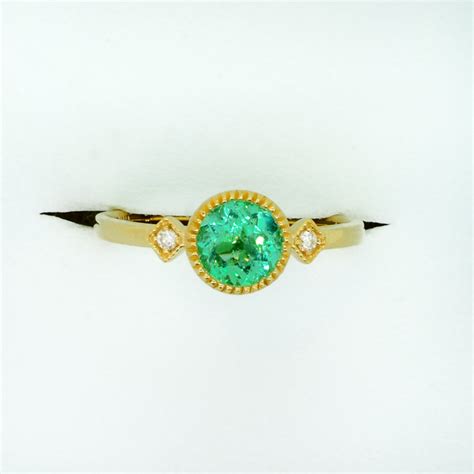 Natural Colombian Emerald And Diamond Three Stone Ring In 18k Yellow Gold