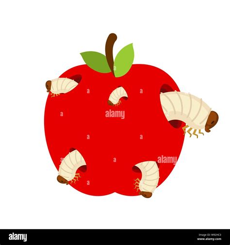 Wormy Apple Isolated Fruit And Worms Vector Illustration Stock Vector