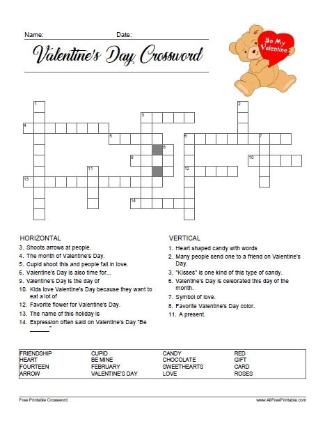 Valentines Day Crossword Free Printable